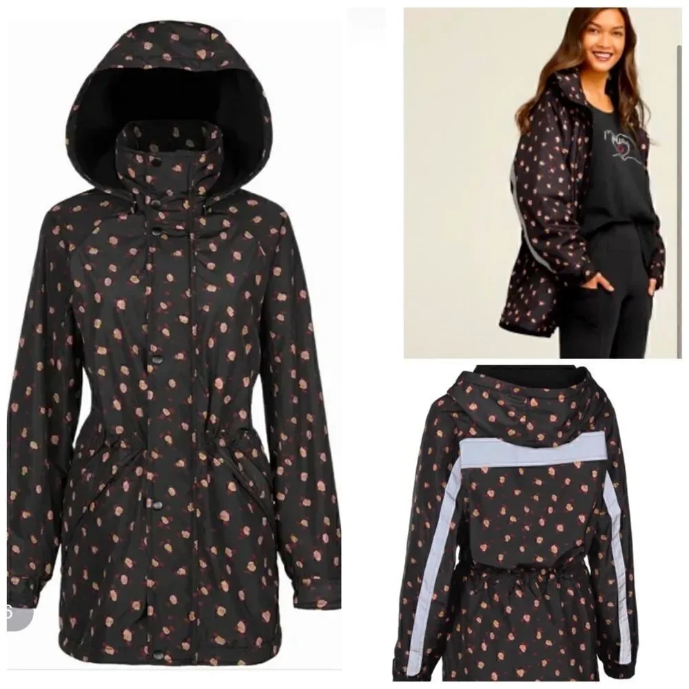 🧥Cabi- Rainy Day Hooded Water Resistant Black Floral Jacket/Coat NWOT Sz M